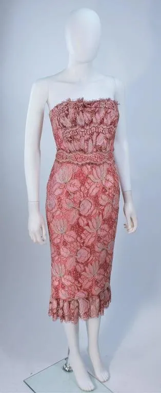 ELIZABETH MASON COUTURE Pink Metallic Lace Cocktail Dress