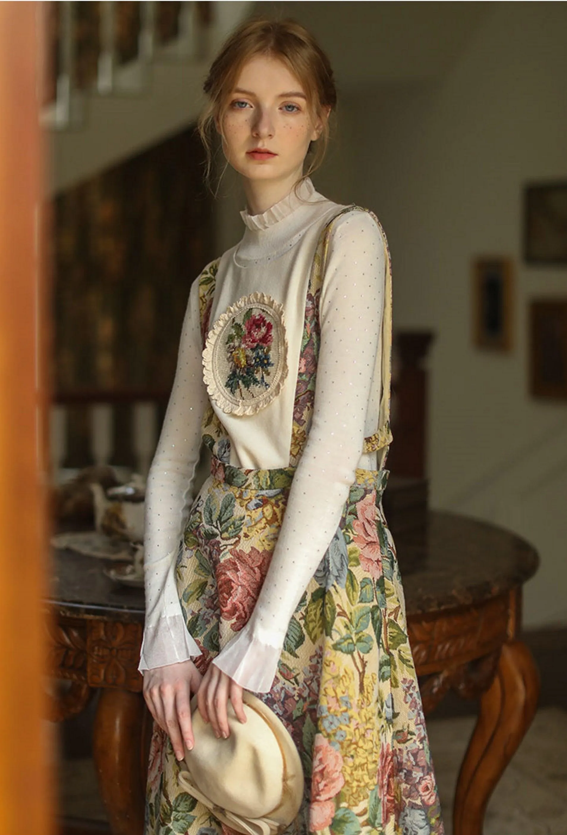 Elsie Elegant Slim Sling Dress Mori Girls Handmade Embroidery Vintage Oil Painting Jacquard Vest Dress