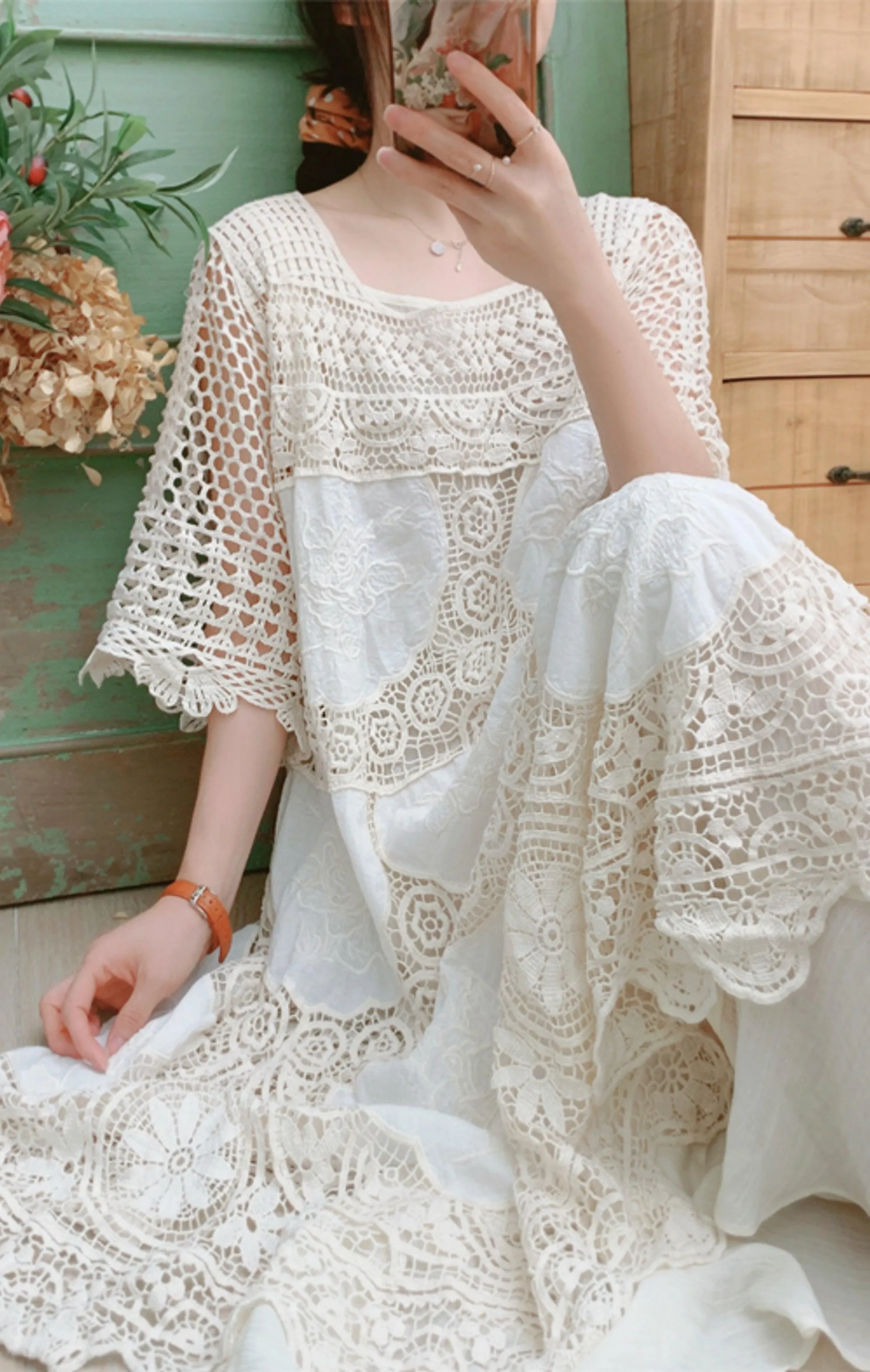 Elsie Mori Girl Sweet Elegant Crochet Lace Long Dress, Sexy Hollow Out Embroidery Midi Dress