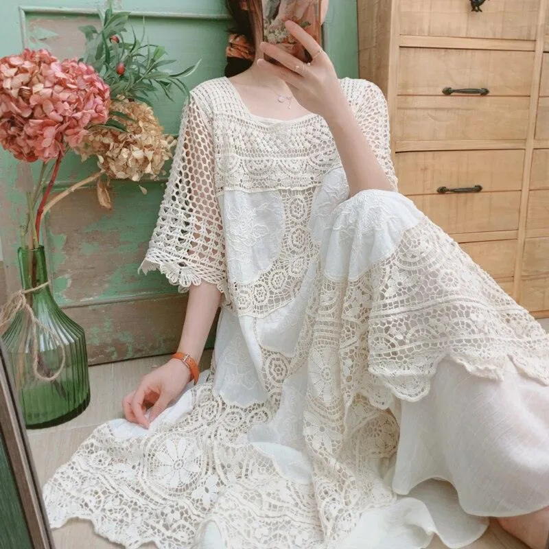 Elsie Mori Girl Sweet Elegant Crochet Lace Long Dress, Sexy Hollow Out Embroidery Midi Dress