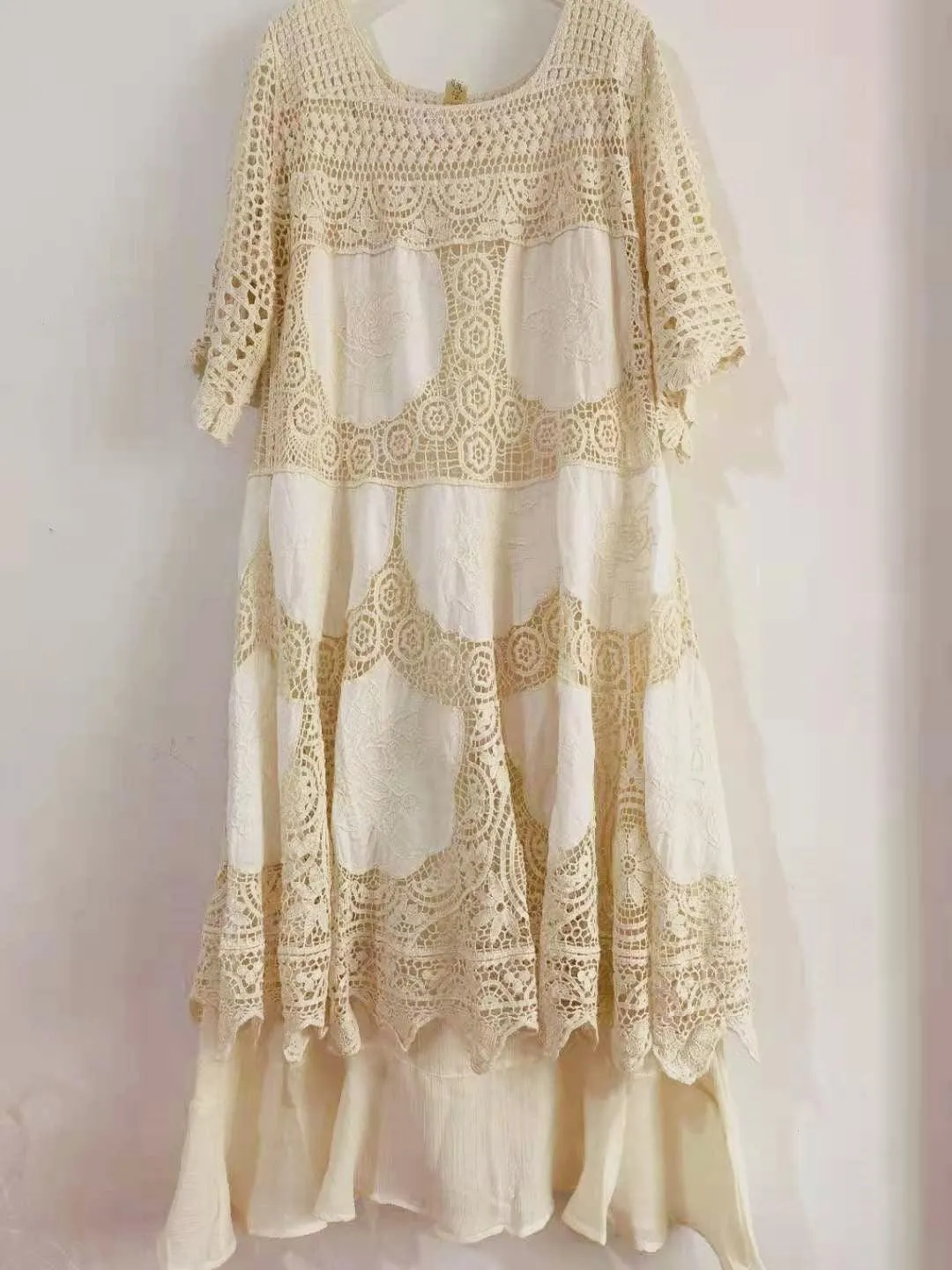 Elsie Mori Girl Sweet Elegant Crochet Lace Long Dress, Sexy Hollow Out Embroidery Midi Dress