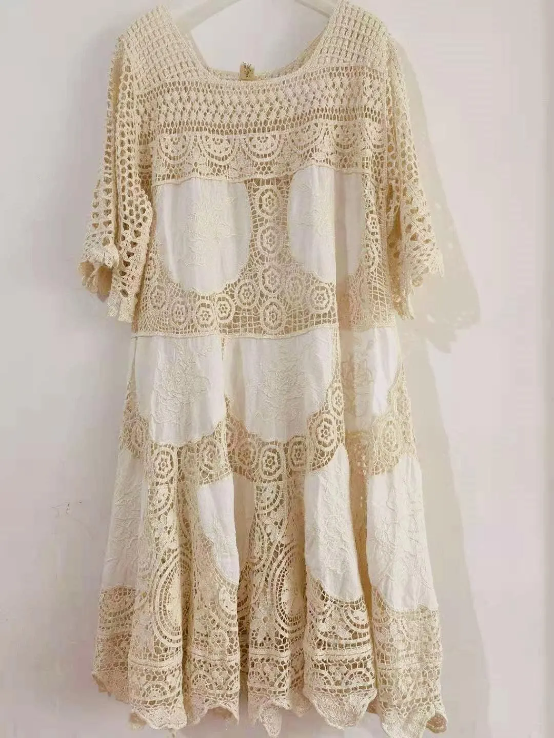 Elsie Mori Girl Sweet Elegant Crochet Lace Long Dress, Sexy Hollow Out Embroidery Midi Dress