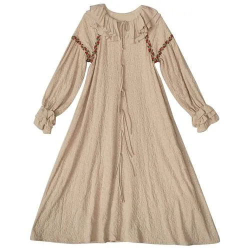 Elsie Mori Girls Elegant Luxury Embroidery Long Dress Ruffled Collar Casual Loose Cotton Dress