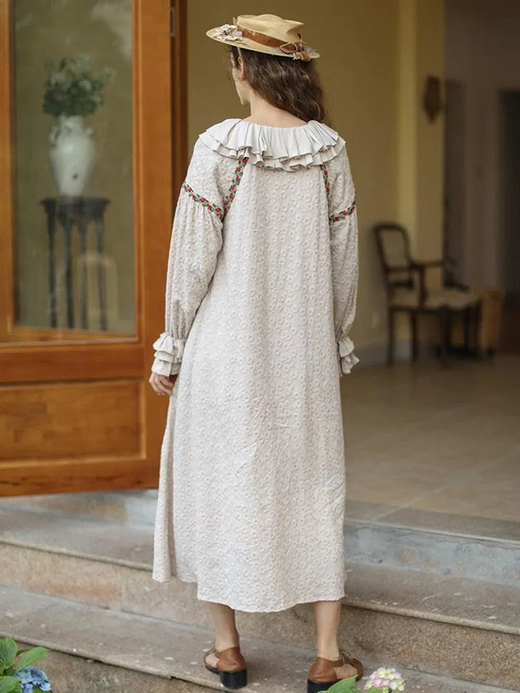 Elsie Mori Girls Elegant Luxury Embroidery Long Dress Ruffled Collar Casual Loose Cotton Dress