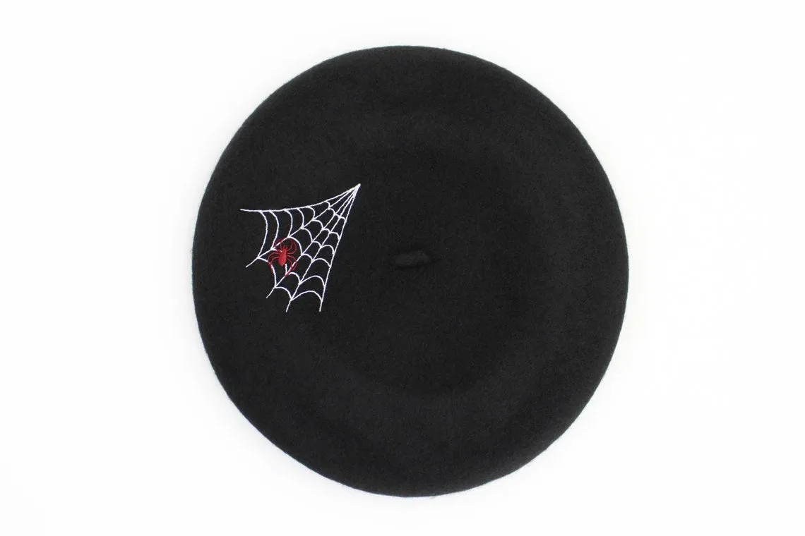 Embroidered Spiderweb Black Beret