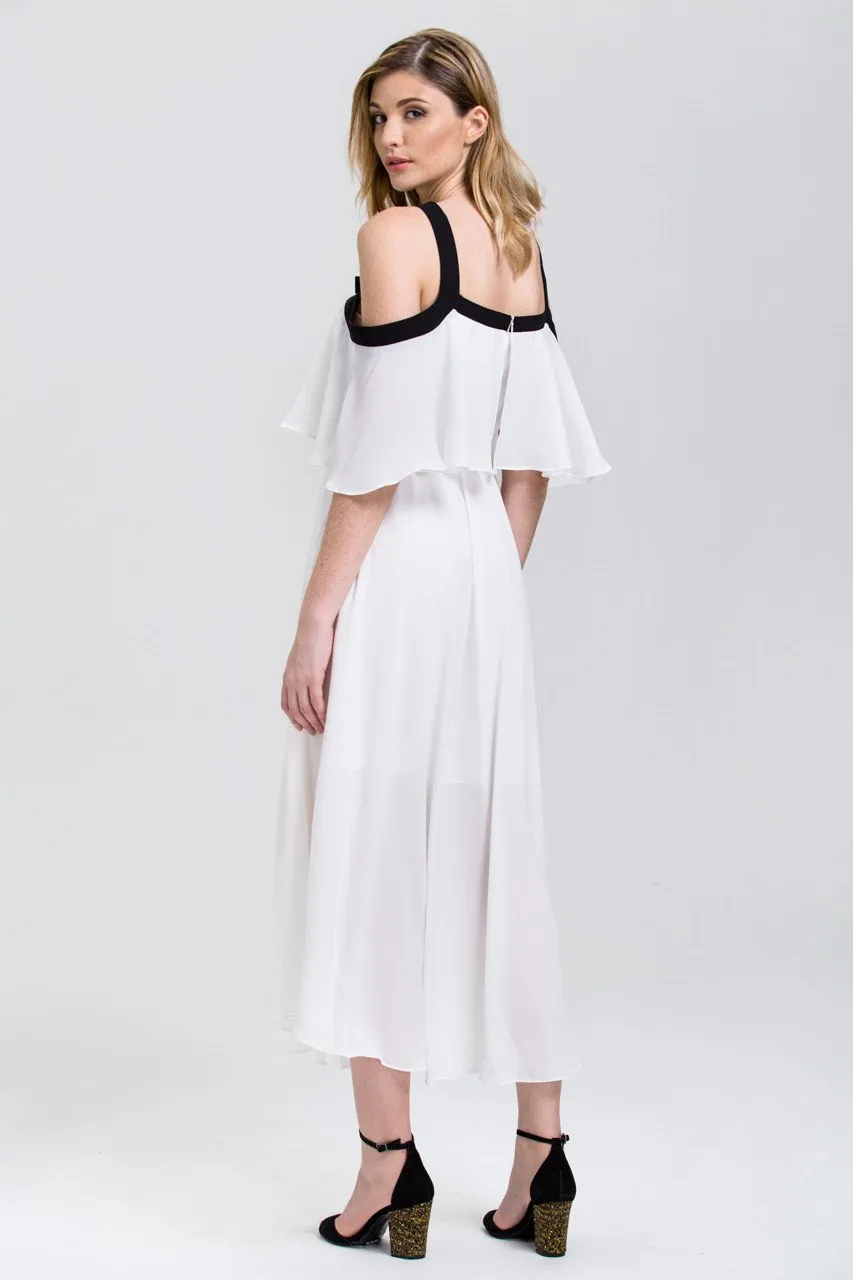 Fatima Almomen - White Chiffon Black Strap Off the Shoulder Midi Dress