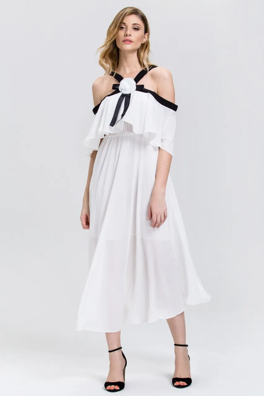 Fatima Almomen - White Chiffon Black Strap Off the Shoulder Midi Dress