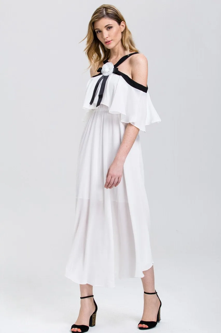 Fatima Almomen - White Chiffon Black Strap Off the Shoulder Midi Dress