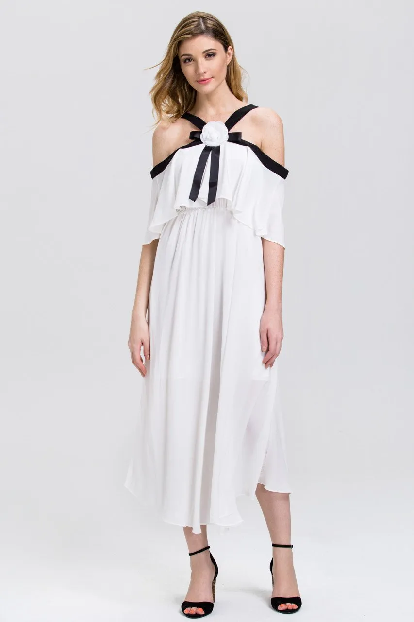 Fatima Almomen - White Chiffon Black Strap Off the Shoulder Midi Dress