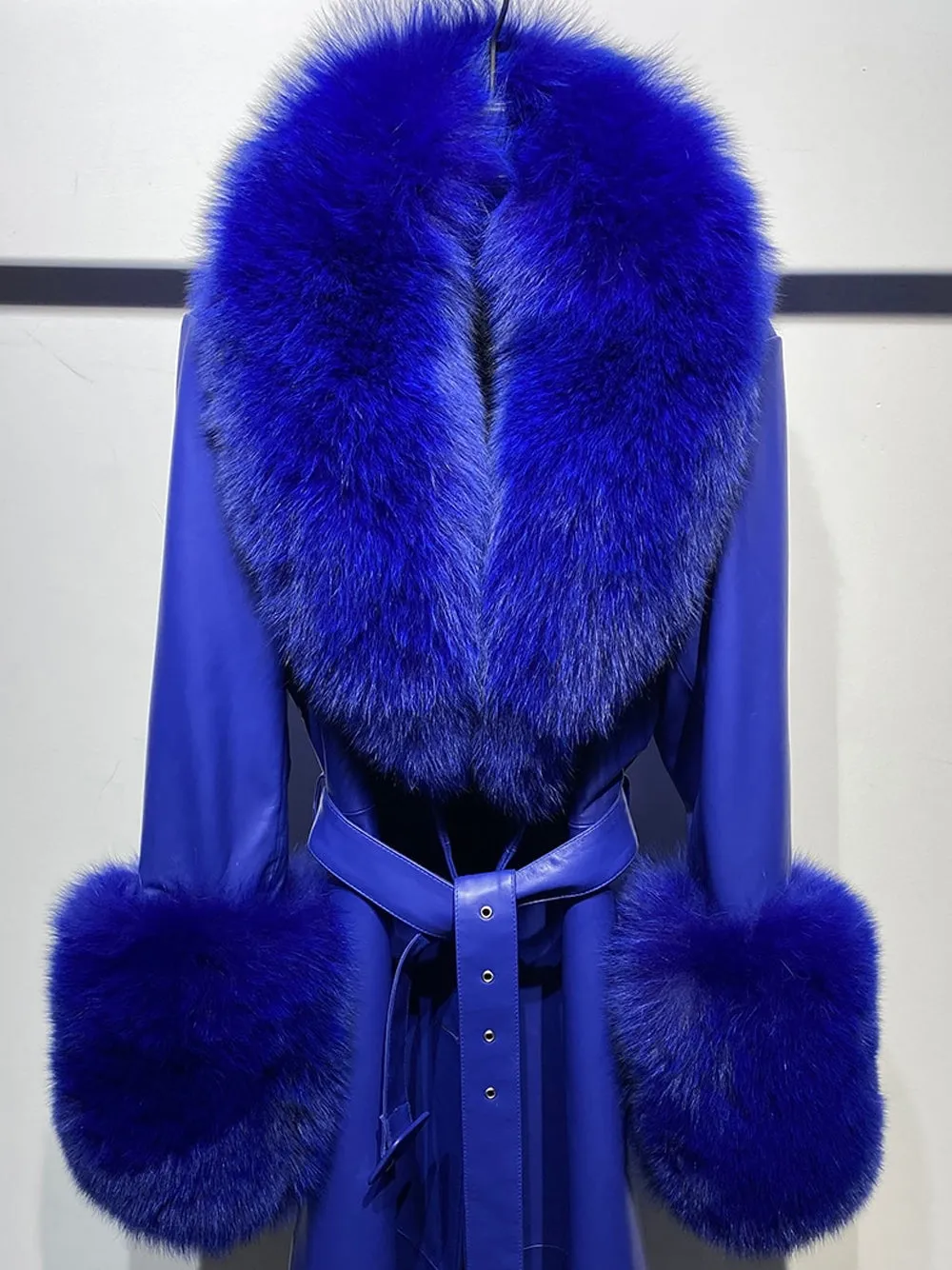 Faux Fur Genuine Leather Coat in Blue