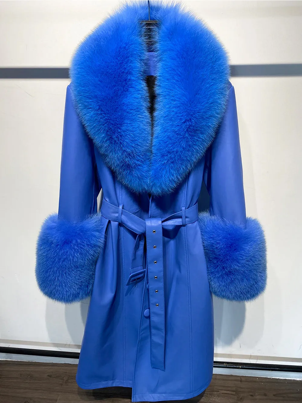 Faux Fur Genuine Leather Coat in Blue