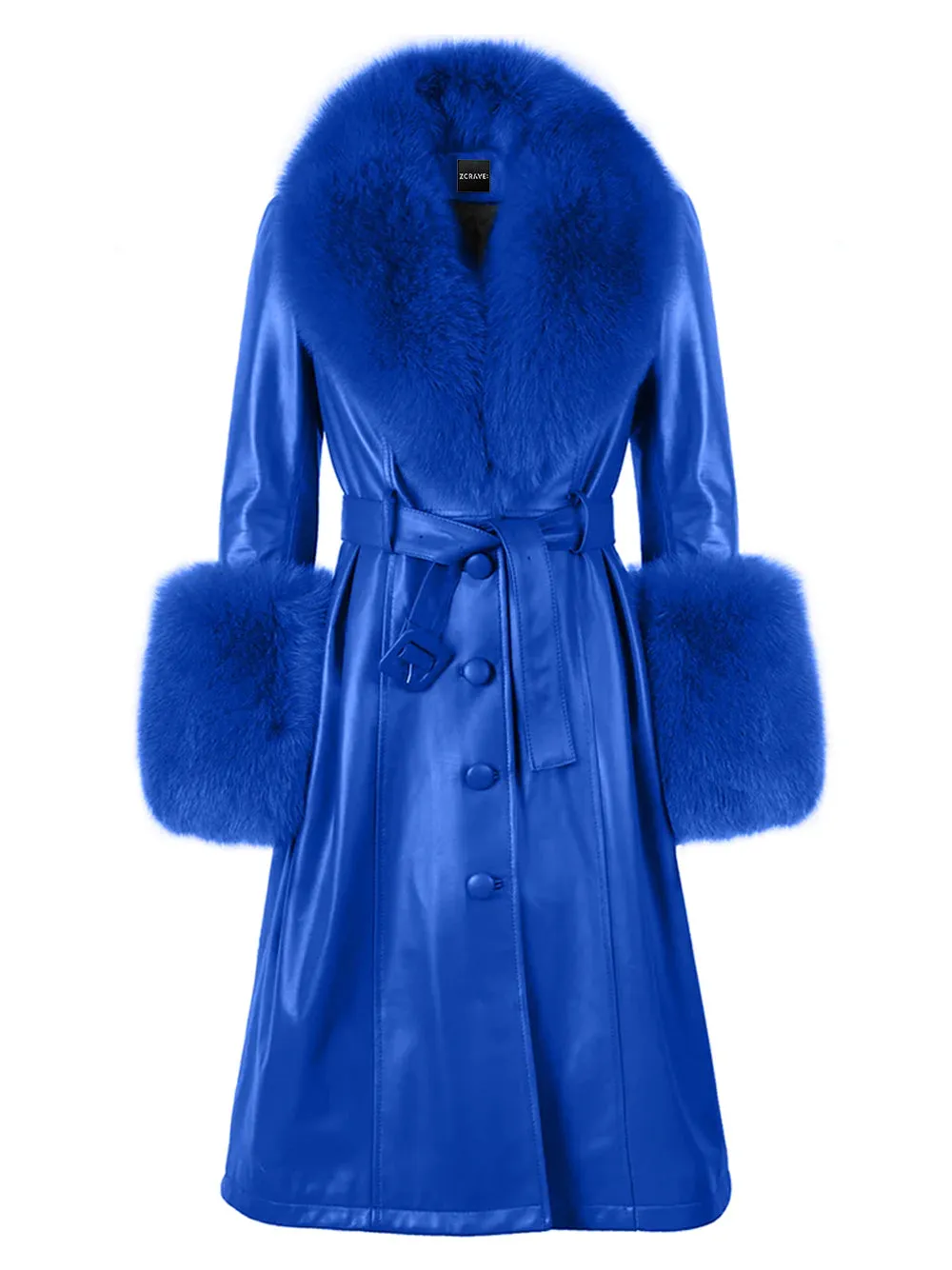 Faux Fur Genuine Leather Coat in Blue