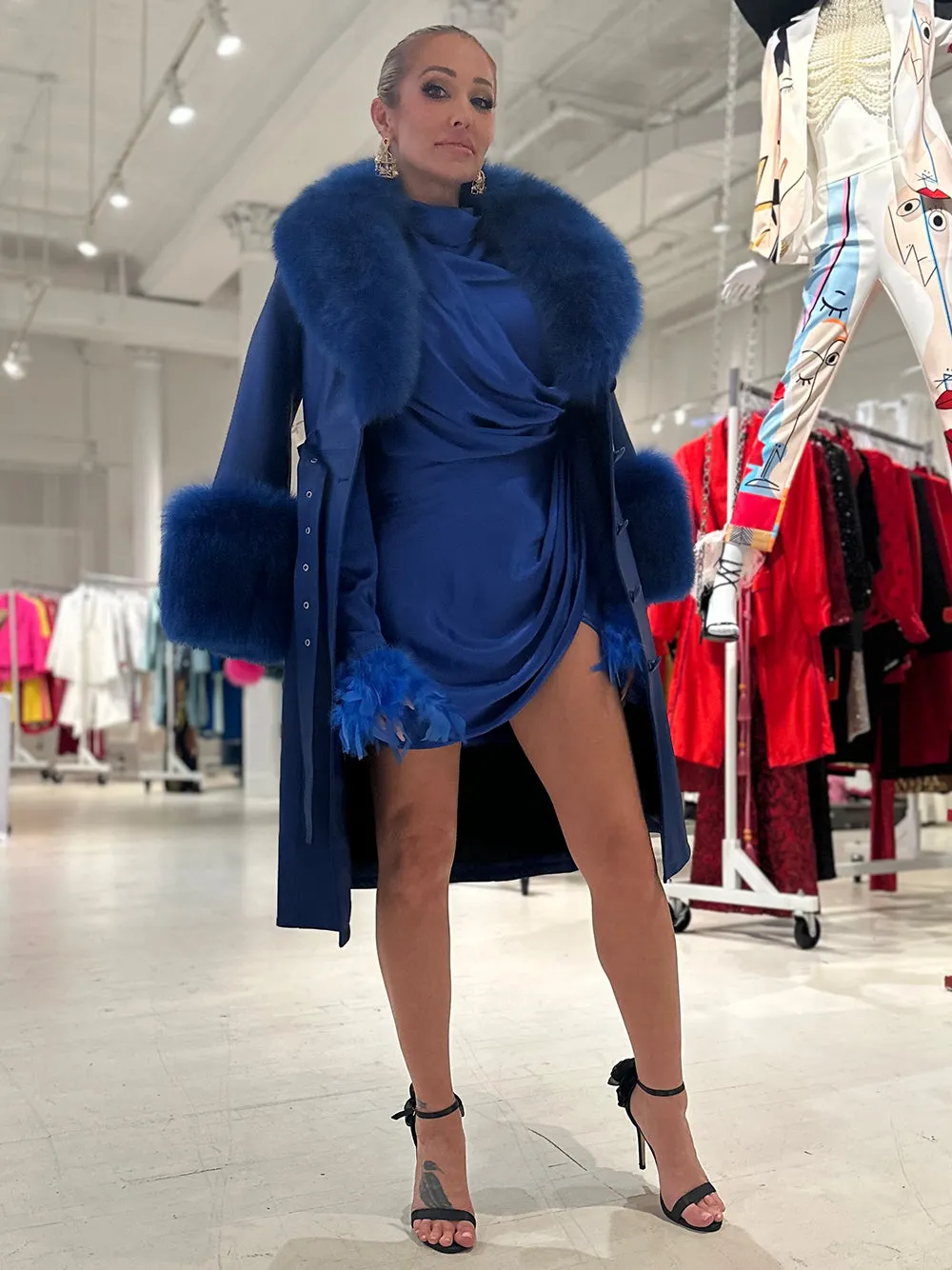 Faux Fur Genuine Leather Coat in Blue