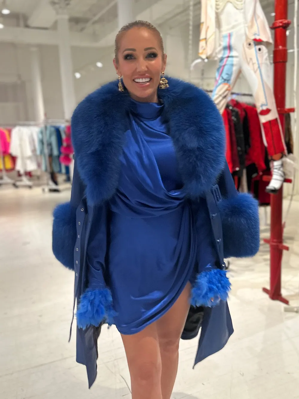 Faux Fur Genuine Leather Coat in Blue