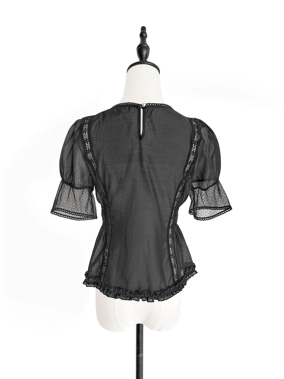 Final Sale! Black Lace Trim Ruffle Hem Silk Cotton Blouse