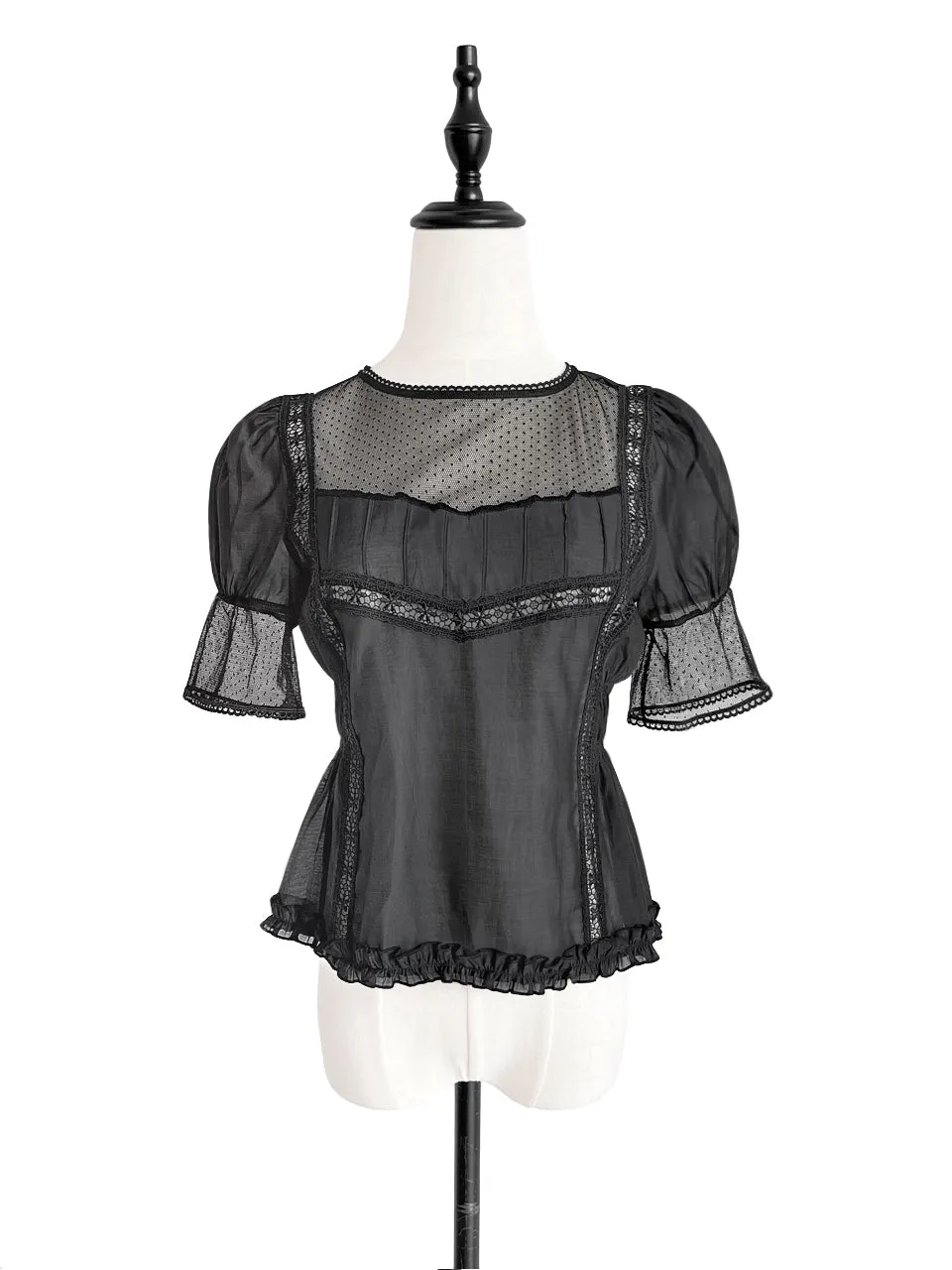 Final Sale! Black Lace Trim Ruffle Hem Silk Cotton Blouse