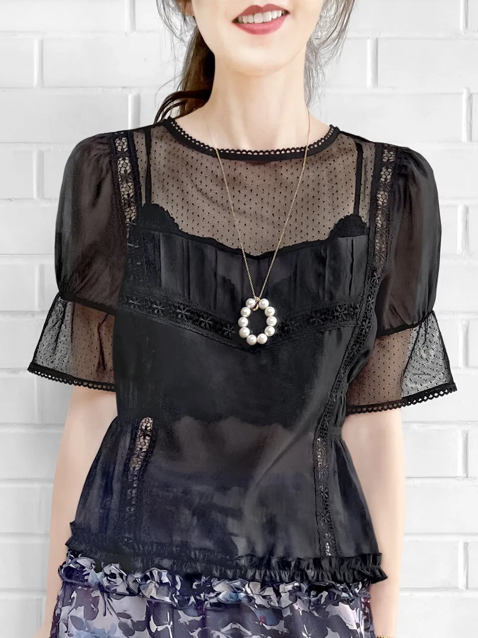 Final Sale! Black Lace Trim Ruffle Hem Silk Cotton Blouse