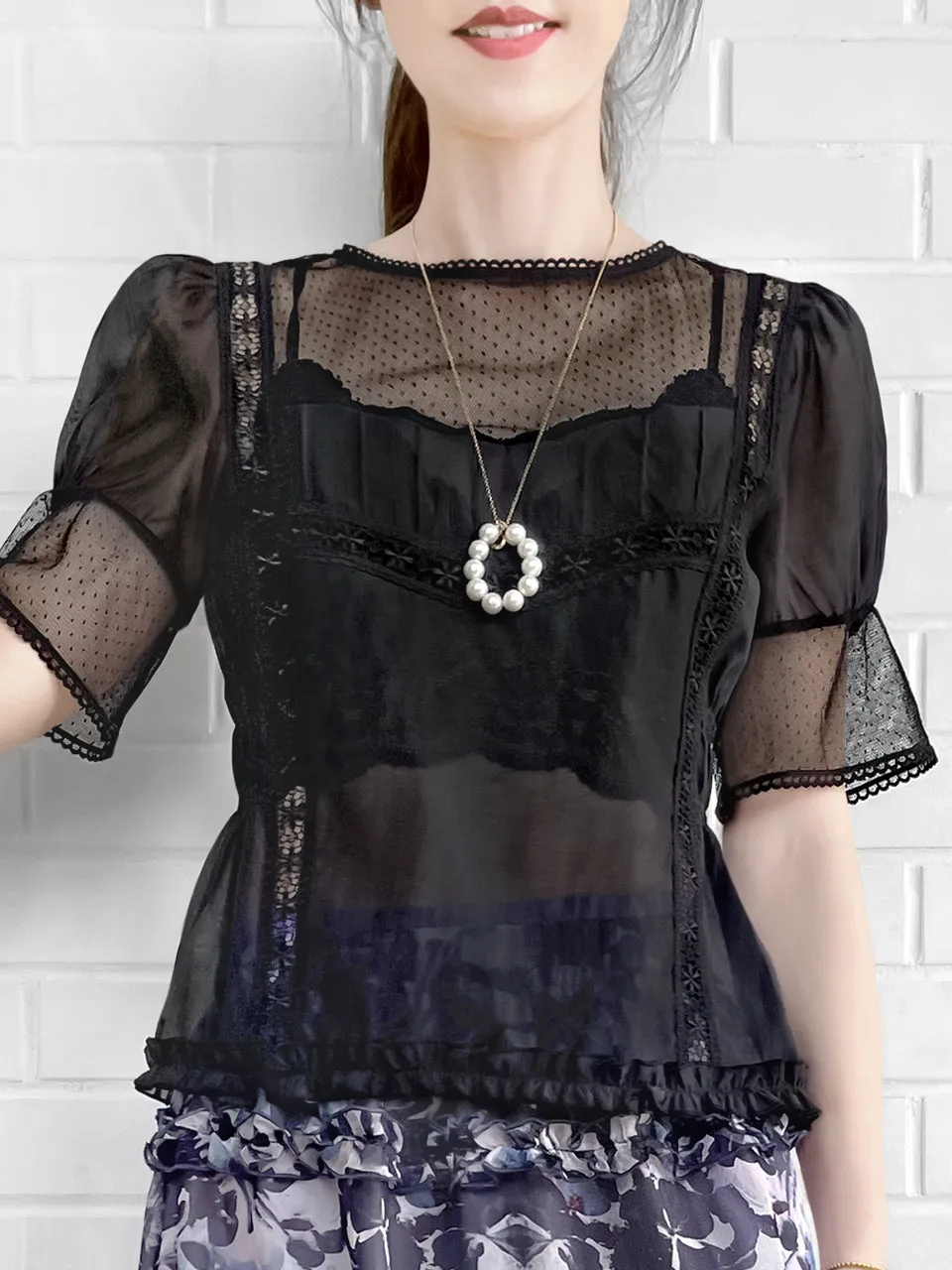 Final Sale! Black Lace Trim Ruffle Hem Silk Cotton Blouse