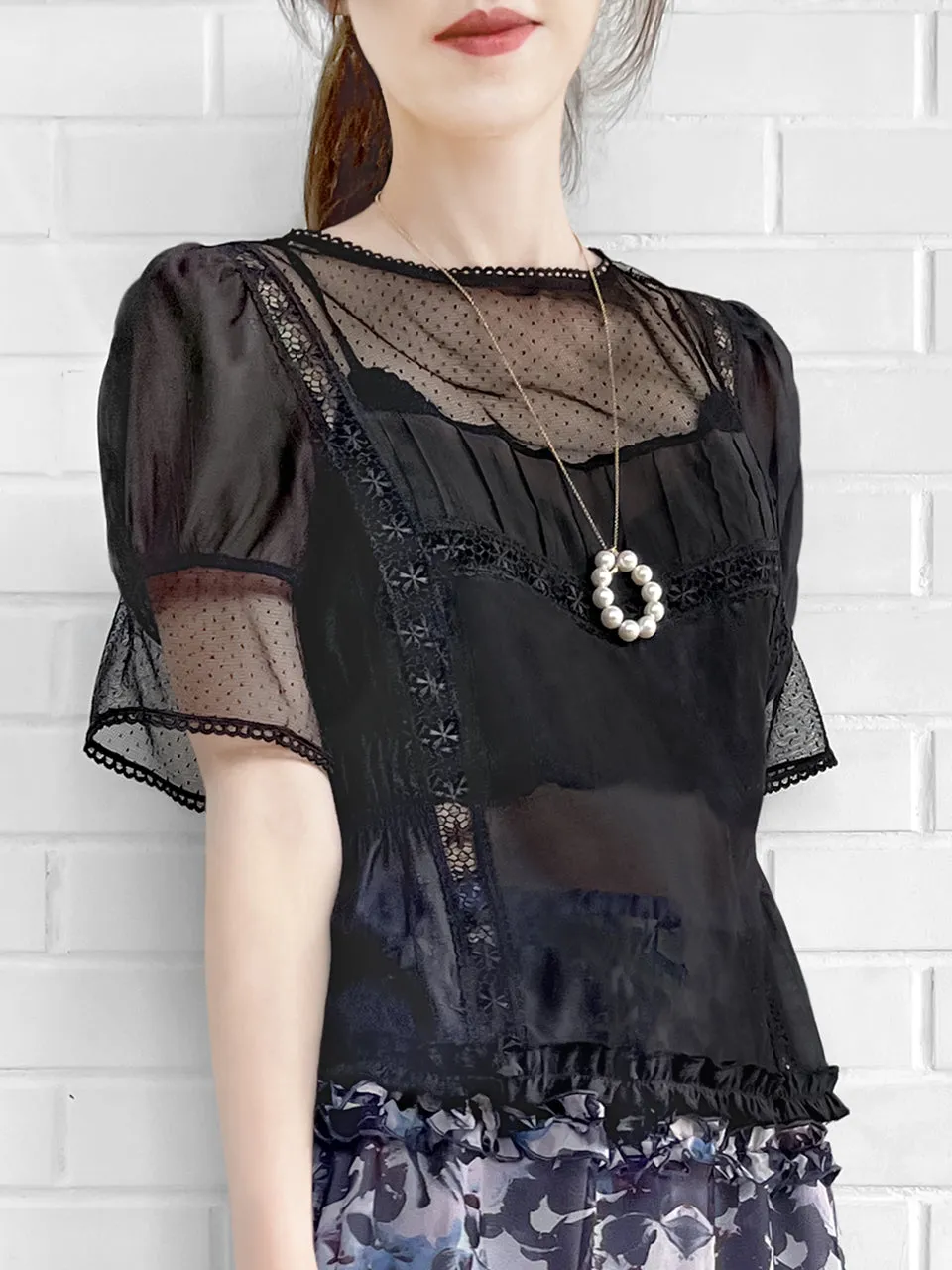 Final Sale! Black Lace Trim Ruffle Hem Silk Cotton Blouse