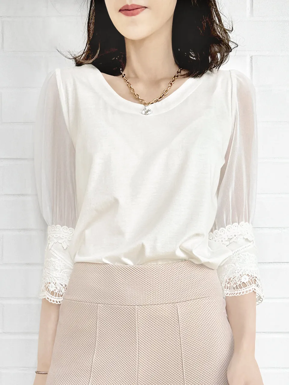 Final Sale! White Puff Mesh Sleeves Lace Cuff Jersey Top