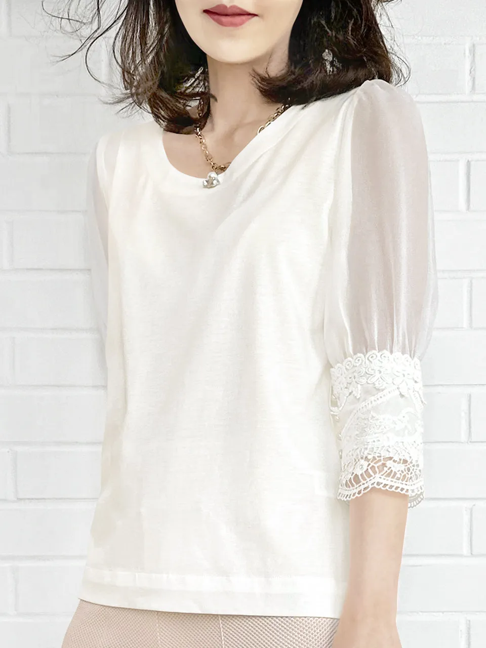 Final Sale! White Puff Mesh Sleeves Lace Cuff Jersey Top