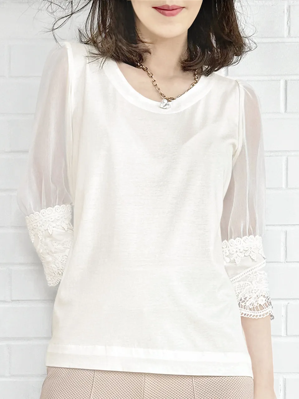 Final Sale! White Puff Mesh Sleeves Lace Cuff Jersey Top