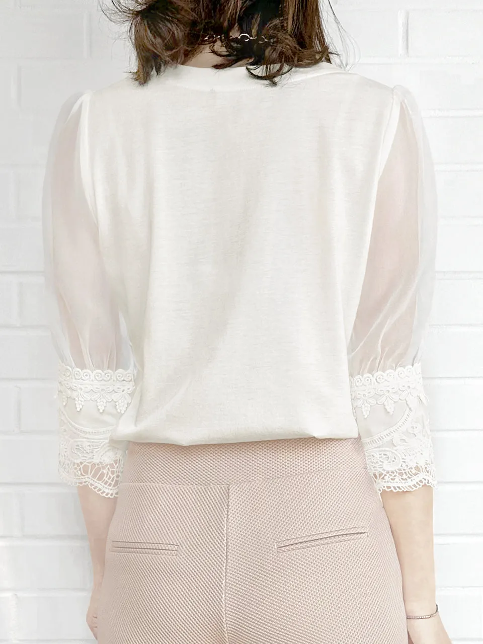 Final Sale! White Puff Mesh Sleeves Lace Cuff Jersey Top