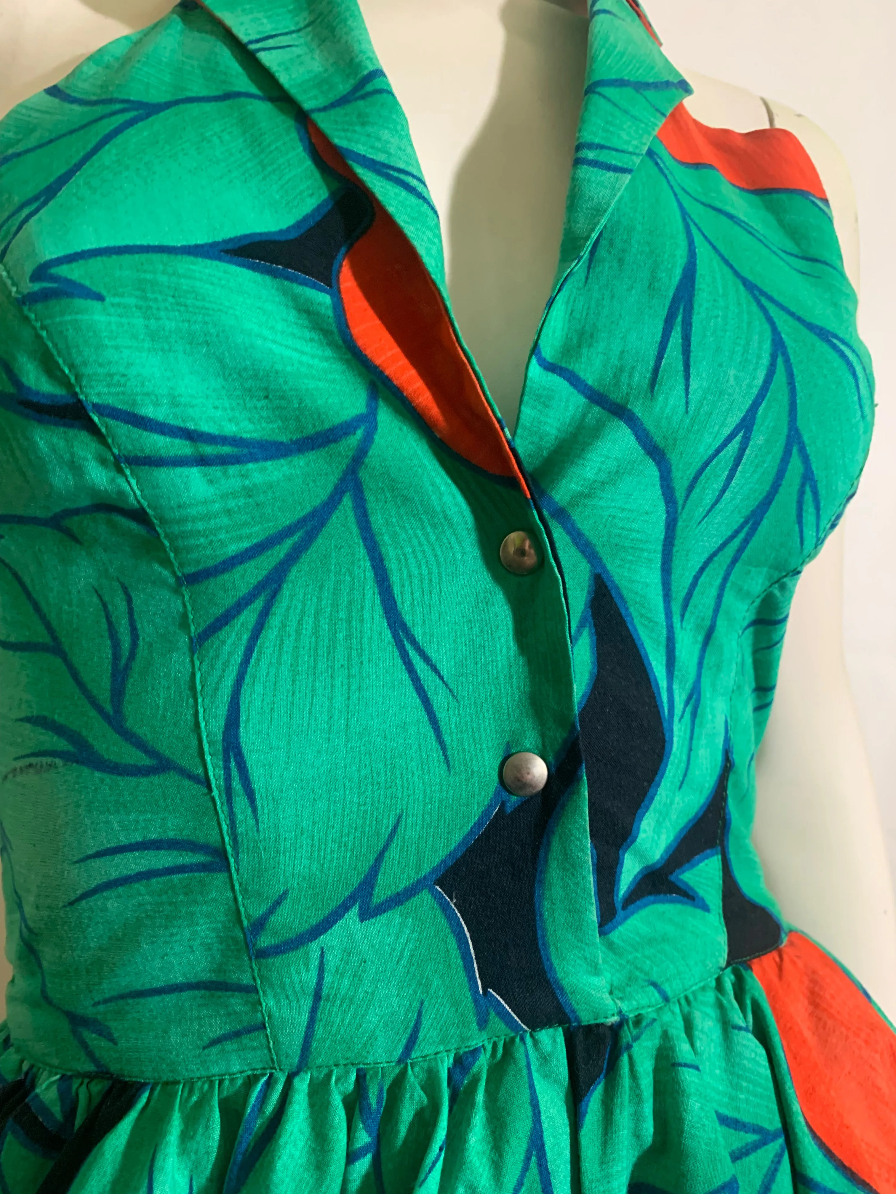 Fiorucci Tropical Print Halter Mini Dress with Peplum circa 1980s Italy