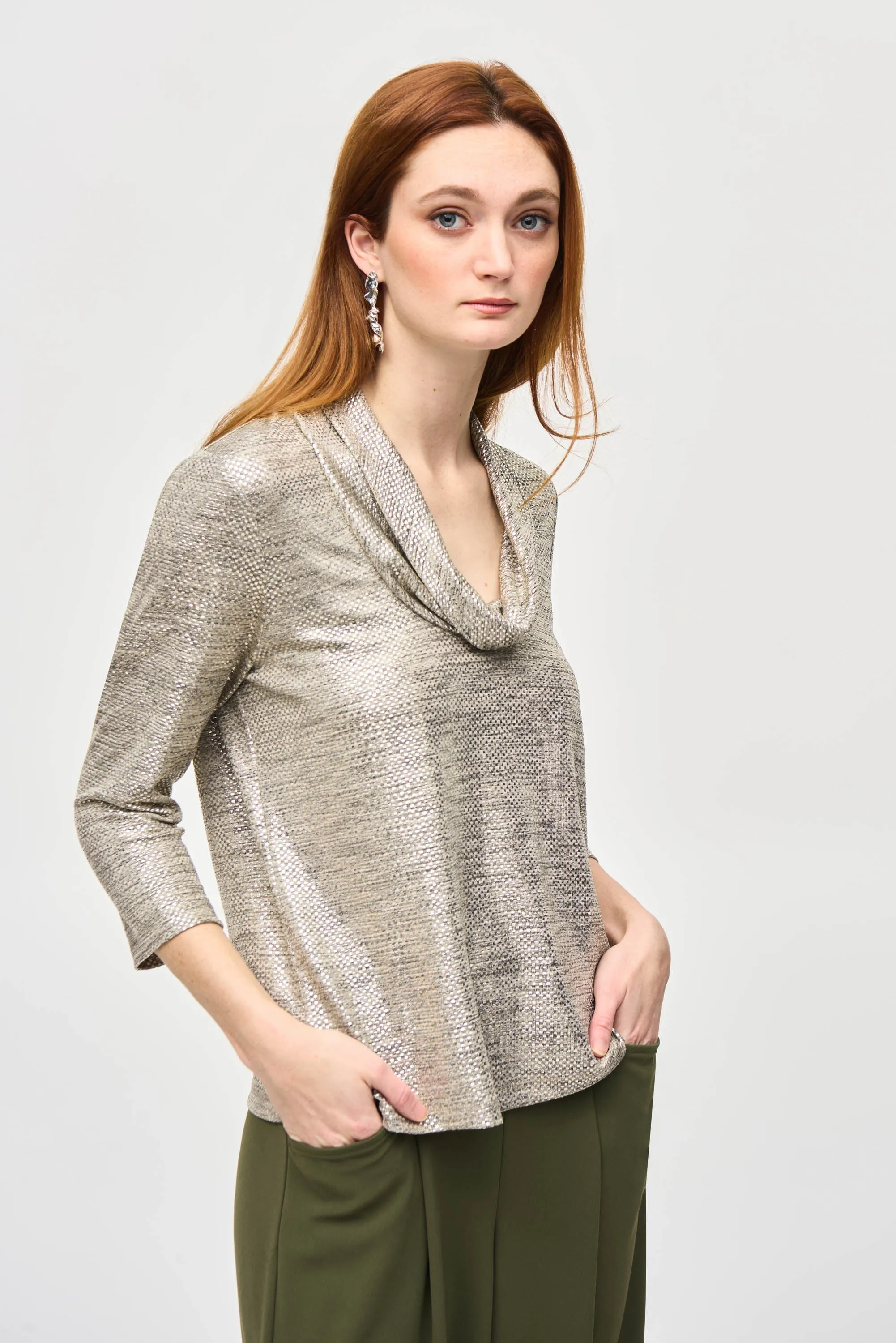 Foiled Knit Cowl Collar Top