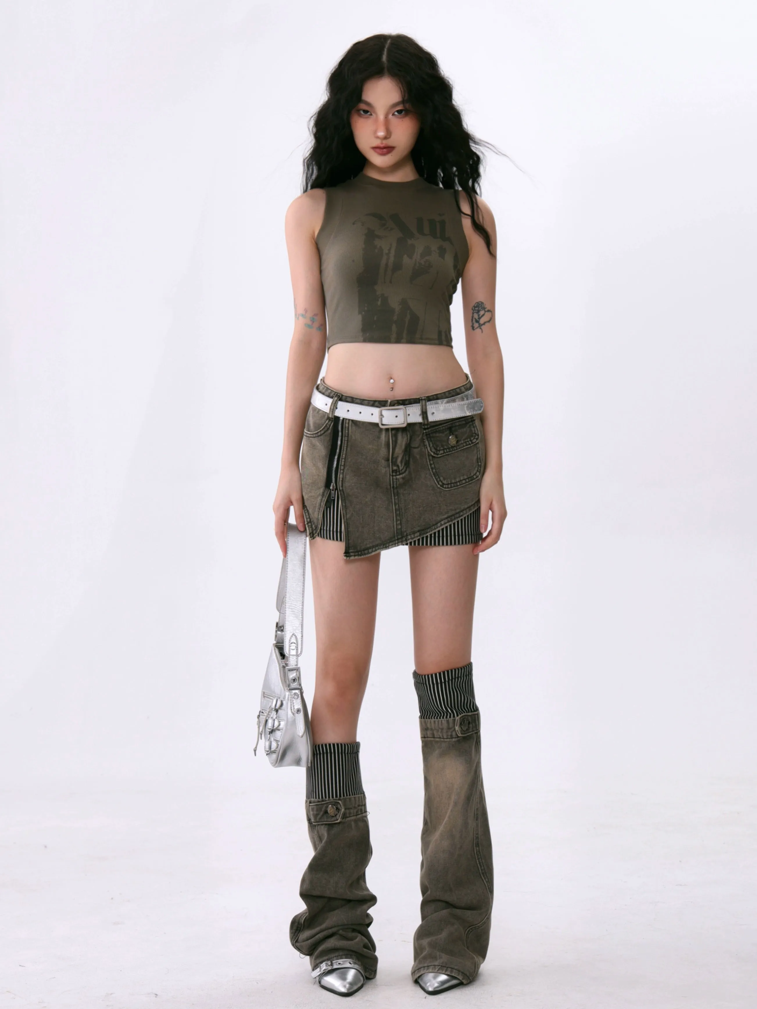 Frayed Hem Denim Sandblast Mini Skirt and Jean Leg Warmers Two-Piece Set