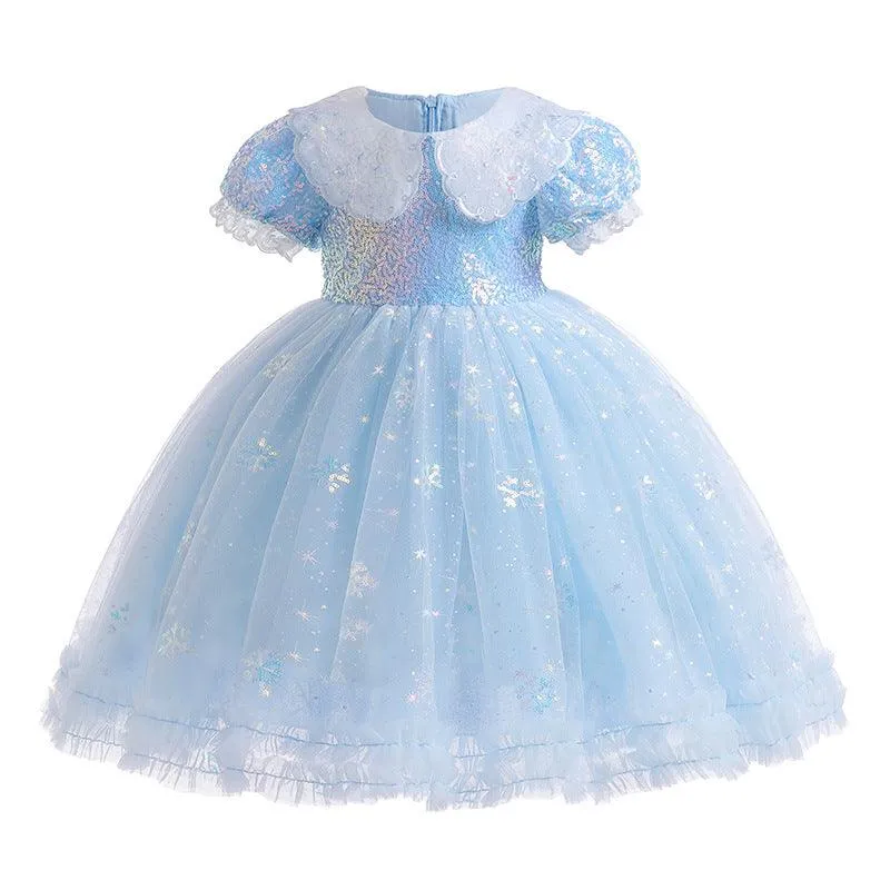 Girls Birthday Dress with Doll Collar, Sequins, and Umbrella Design