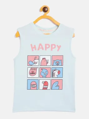 Girls Blue Happy Print Sleeveless T-Shirt