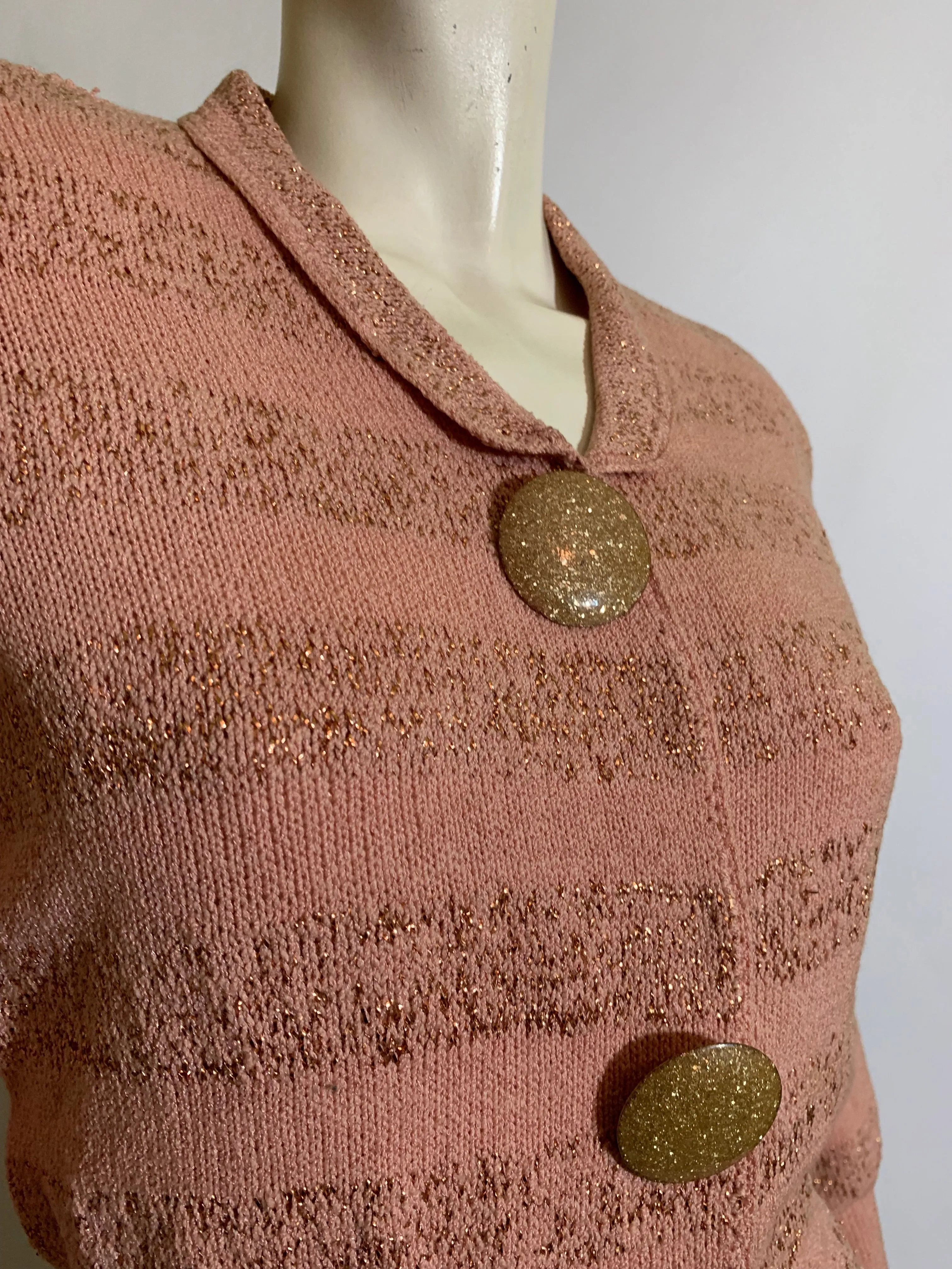 Golden Metallic Striped Pink Knit Cardigan Sweater with Gold Confetti Buttons circa 1940s