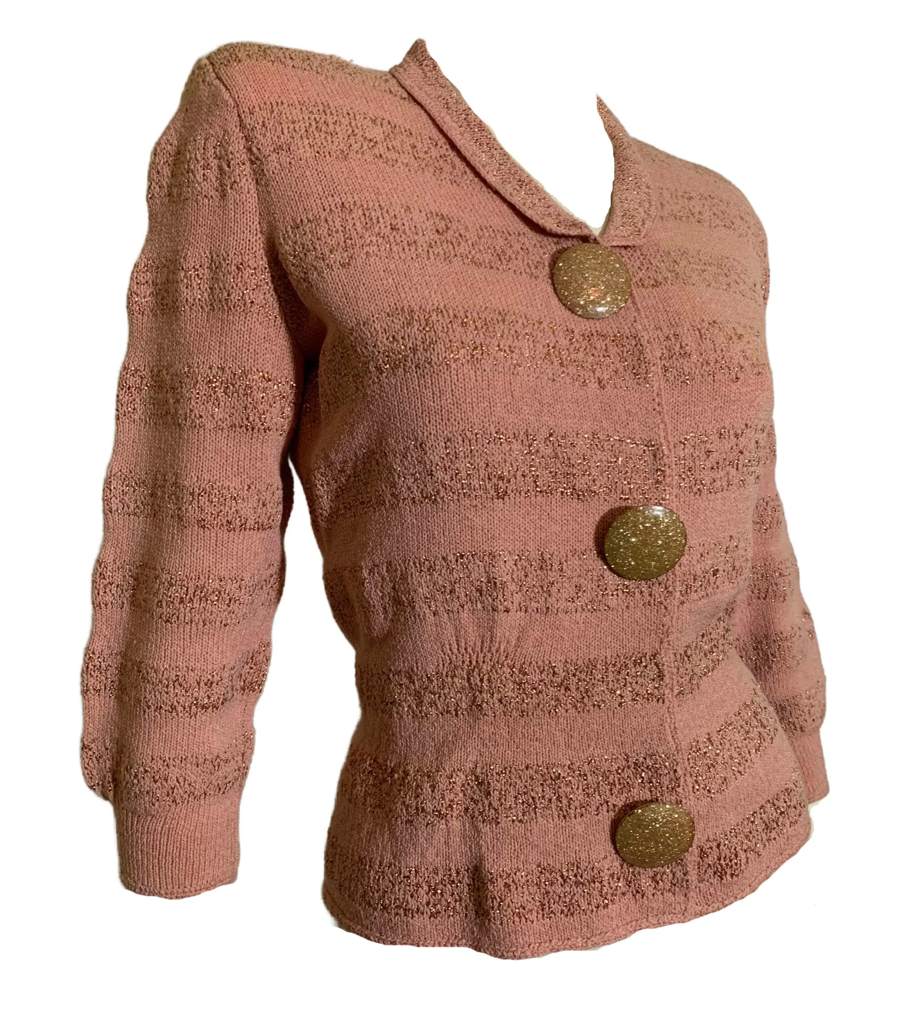 Golden Metallic Striped Pink Knit Cardigan Sweater with Gold Confetti Buttons circa 1940s