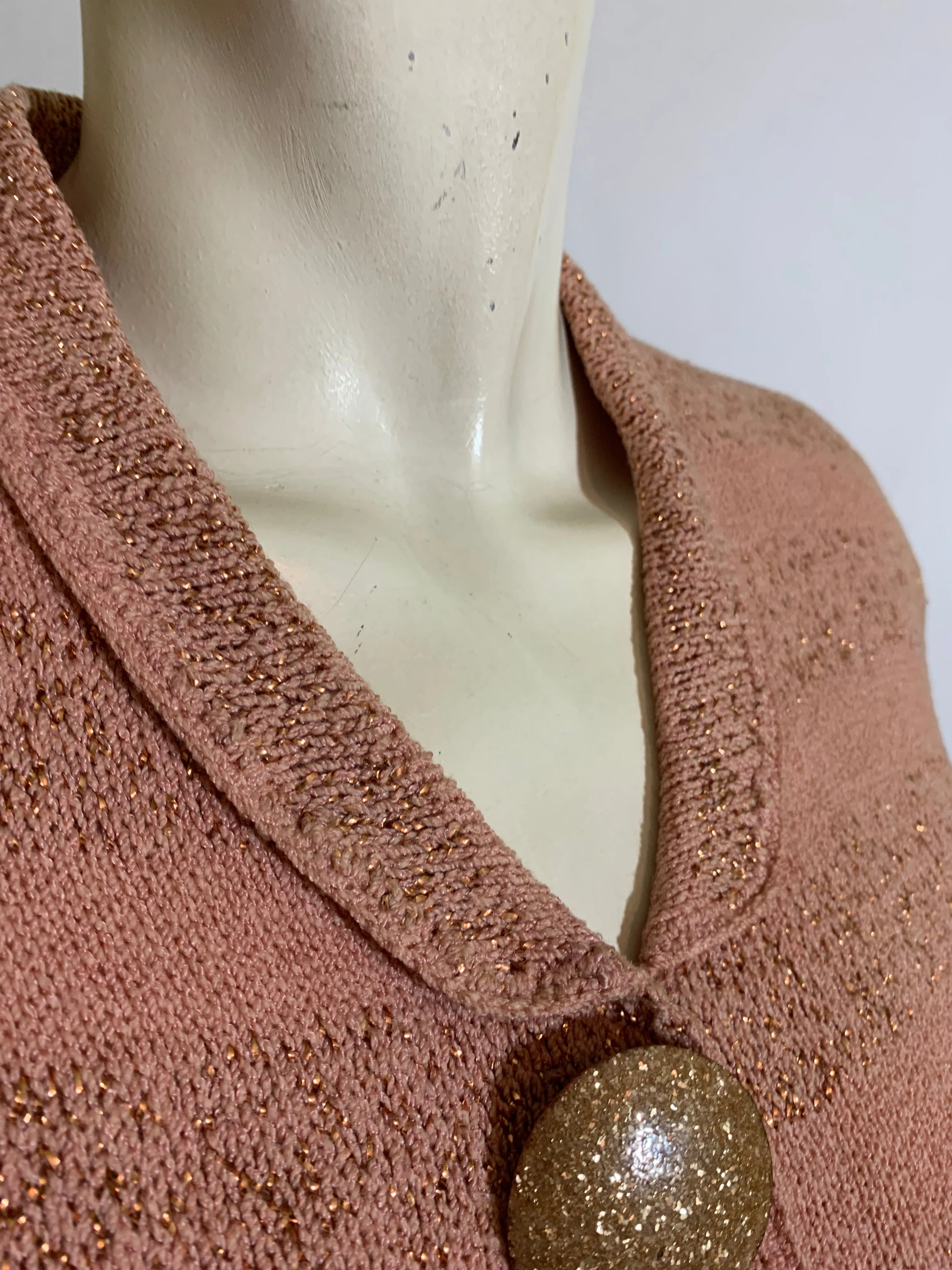 Golden Metallic Striped Pink Knit Cardigan Sweater with Gold Confetti Buttons circa 1940s