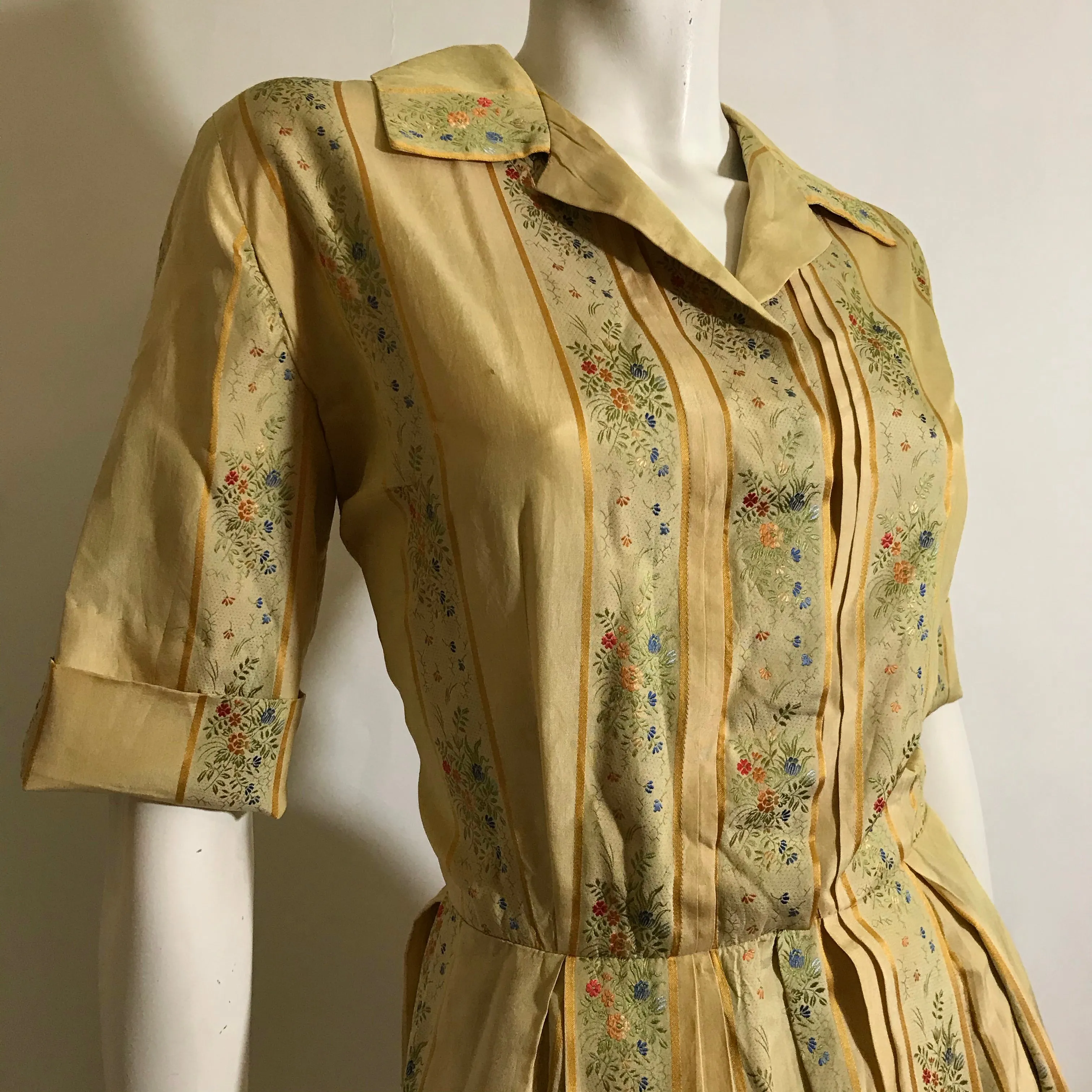 Golden Victorian Inspired Silk Floral and Stripe Shirt Waist Dress circa 1950s Holly Hoelscher