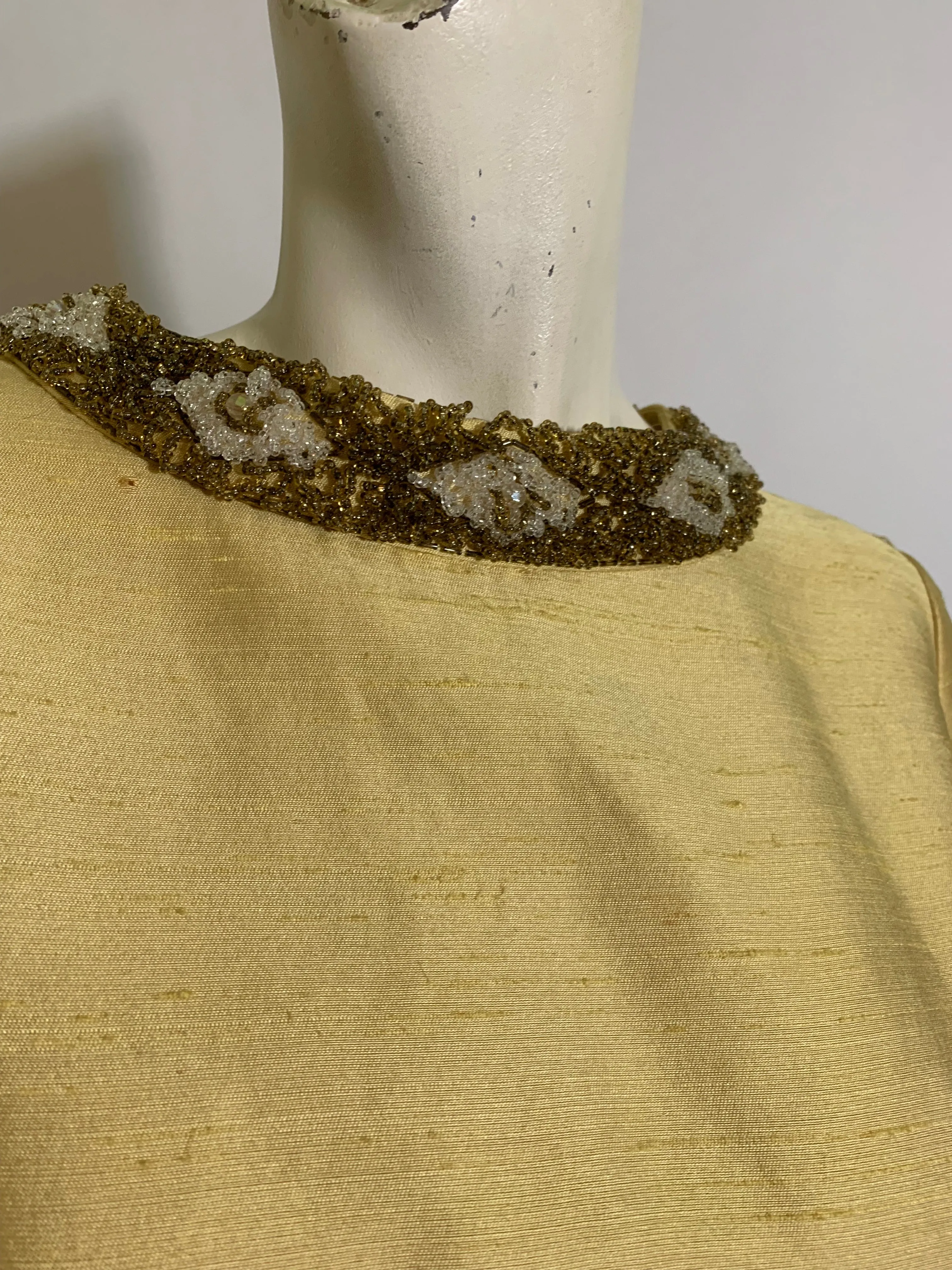 Golden Yellow Slubbed Silk Beaded Collar Cocktail Dress circa 1960s