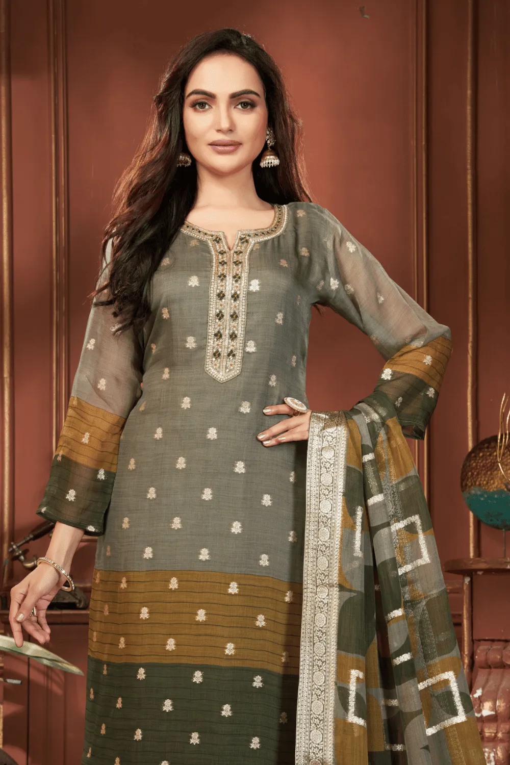 Green Mirror, Zardozi, Pearl and Banaras work Straight Cut Salwar Suit