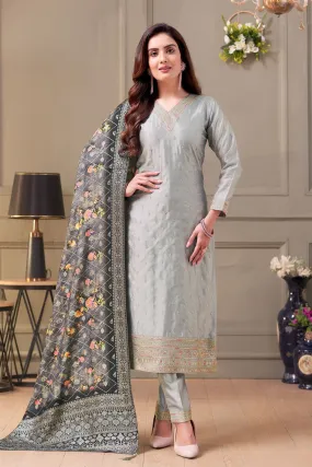 Grey Zari, Sequins and Multicolor Thread work Straight Cut Salwar Suit