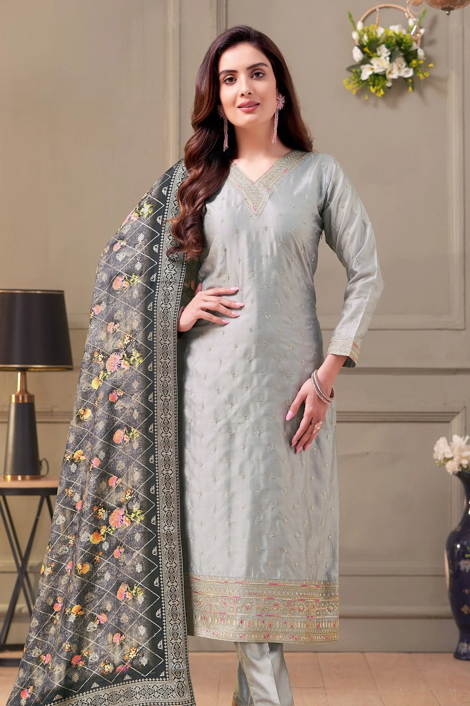 Grey Zari, Sequins and Multicolor Thread work Straight Cut Salwar Suit