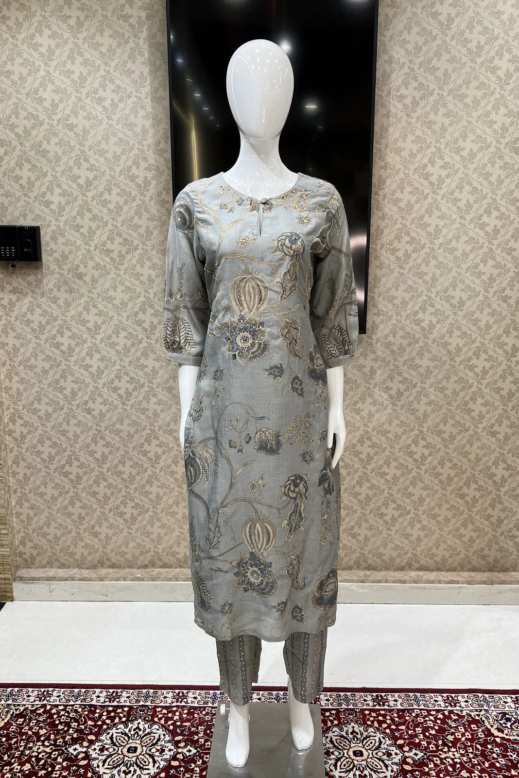 Grey Zari work with Digital Print Straight Cut Salwar Suit