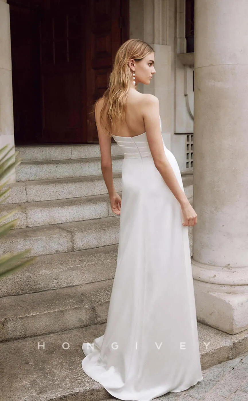 H0804 - Ruched High Slit Strapless Open Back Sleeveless With Train Wedding Dress