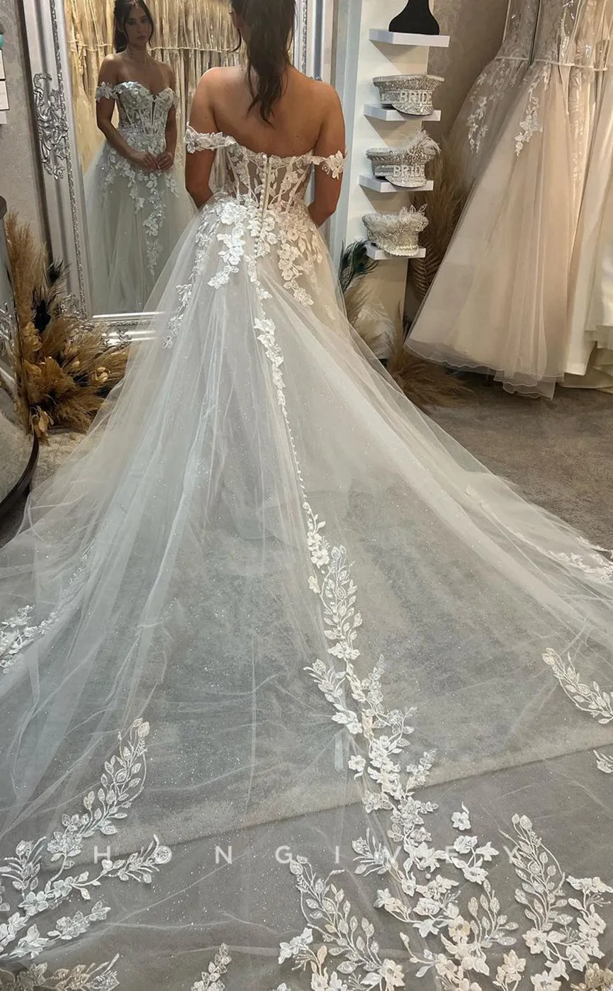 H0842 - Fully Floral Appliqued Plunging Illusion With TulleTrain Princess Wedding Dress