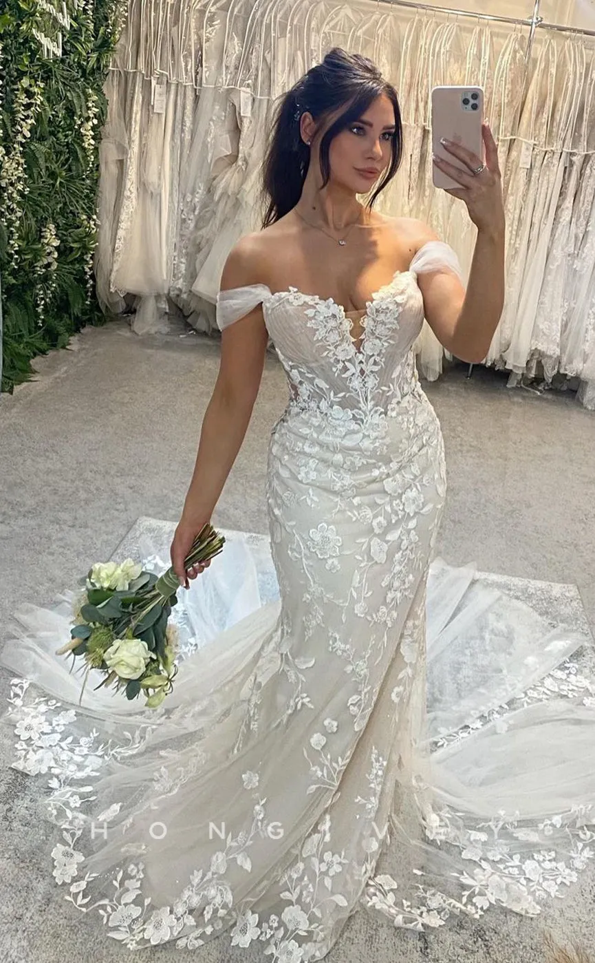 H0843 - Fully Floral Appliqued Lace Plunging Illusion Mermaid With TulleTrain Romantic Wedding Dress