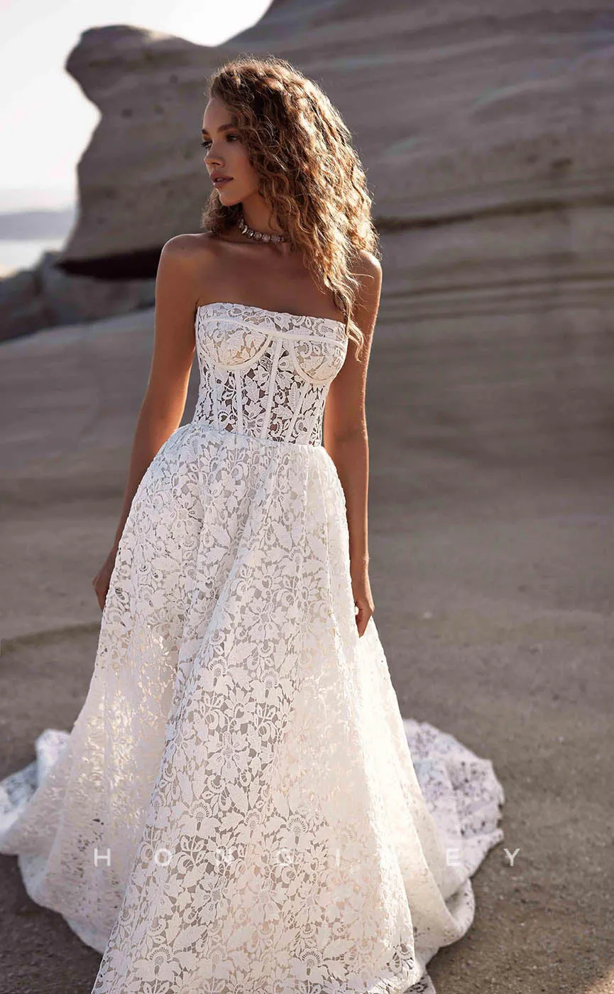 H0853 - Fully Floral Lace strapless Lace-Up Back With Train Romantic Beach Wedding Dress