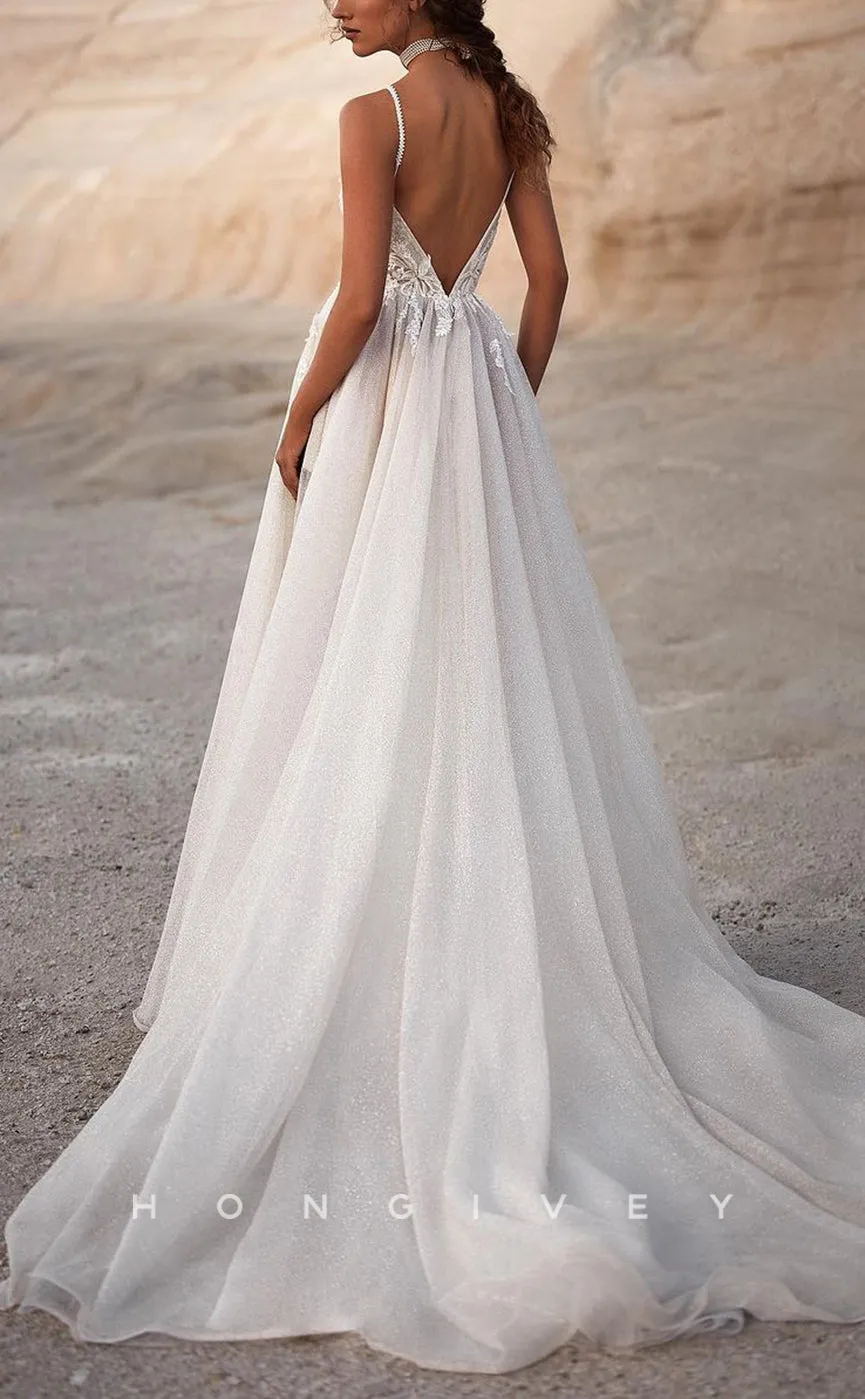 H1137 - Sexy Tulle A-Line V-Neck Spaghetti Straps Backless Appliques Train Wedding Dress