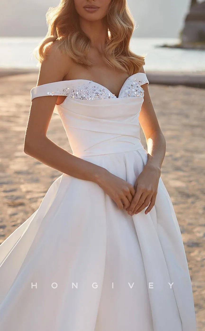 H1153 - Sexy Satin A-Line Off-Shoulder Empire Ruched With Train Wedding Dress