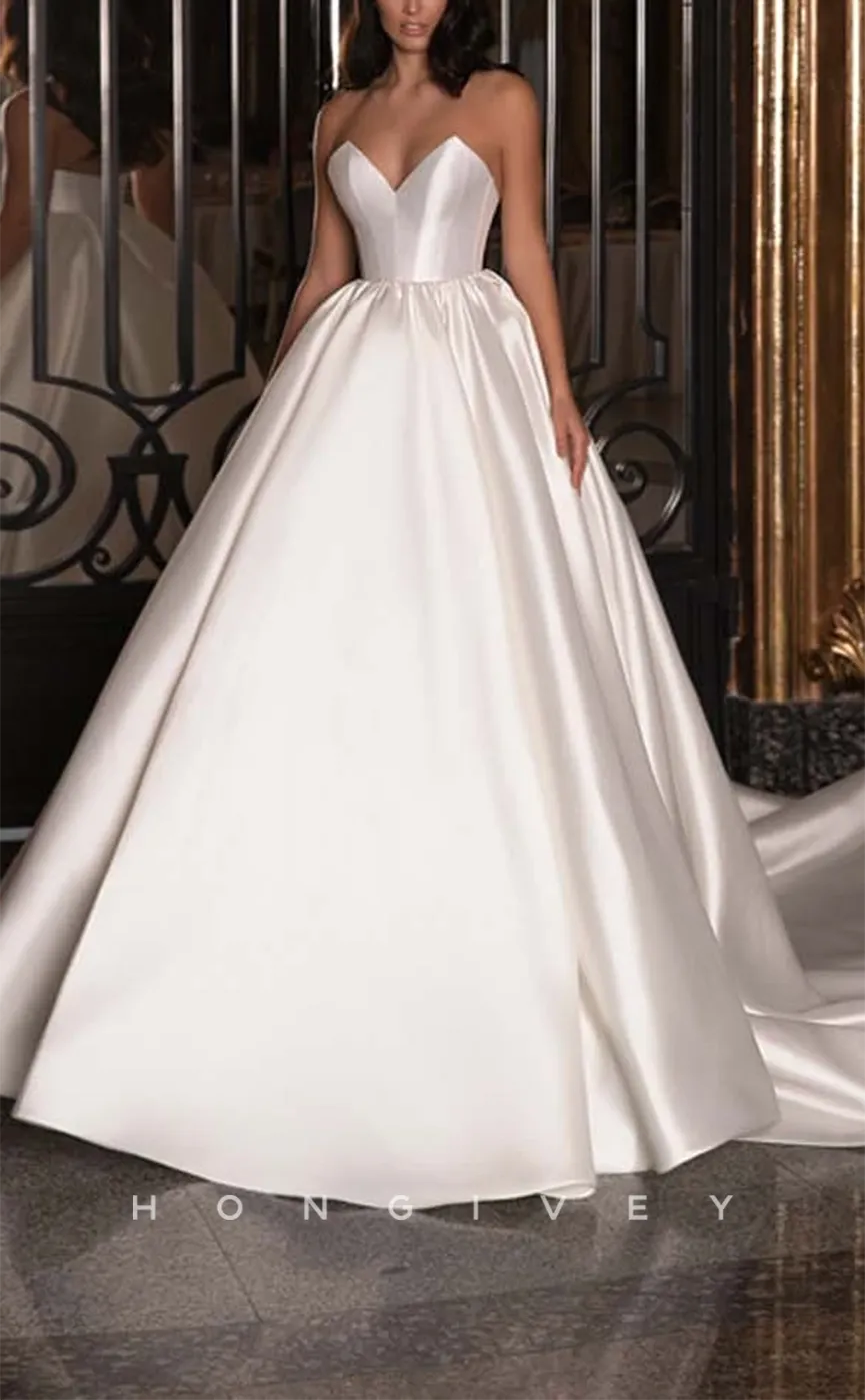 H1168 - Sexy Satin A-Line Sweetheart Detachable Puff Sleeves Gown Train Wedding Dress