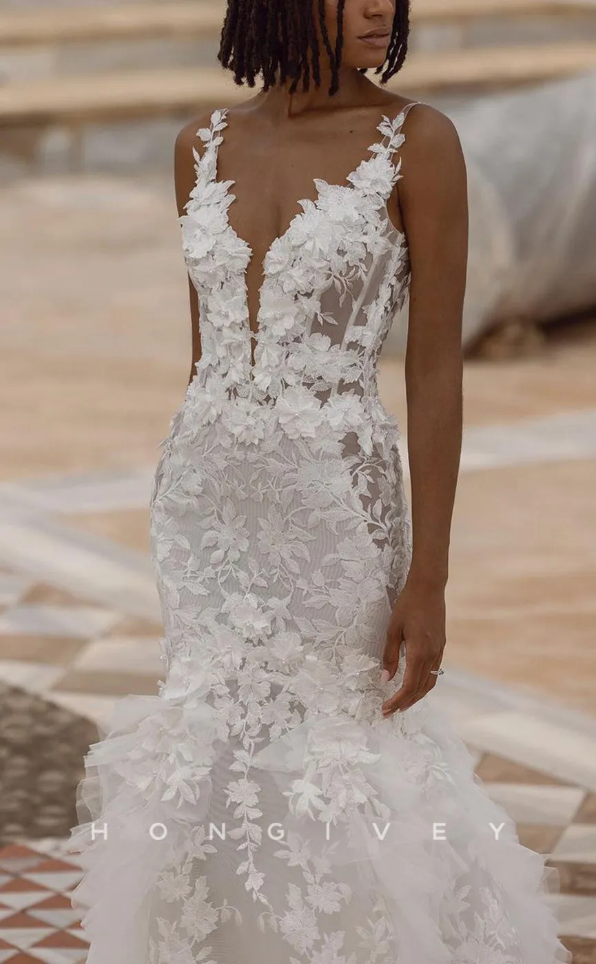 H1197 - Sexy Trumpt Lace V-Neck Spaghetti Straps Illusion Appliques With Train Boho/Beach Wedding Dress