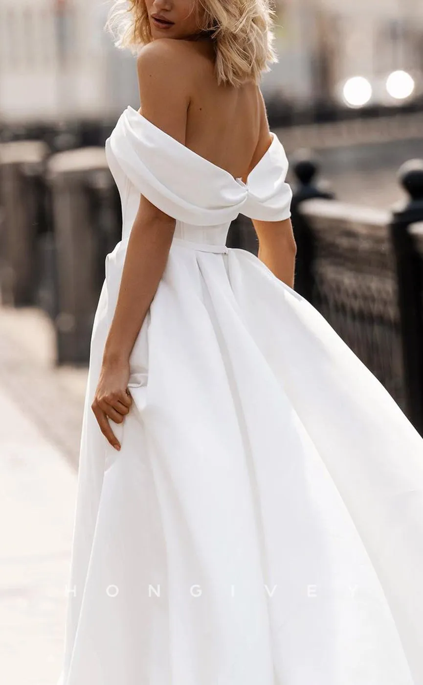 H1272 - Sexy Satin A-Line Off-Shoulder Sleeveless Empire Bowknot With Train Wedding Dress